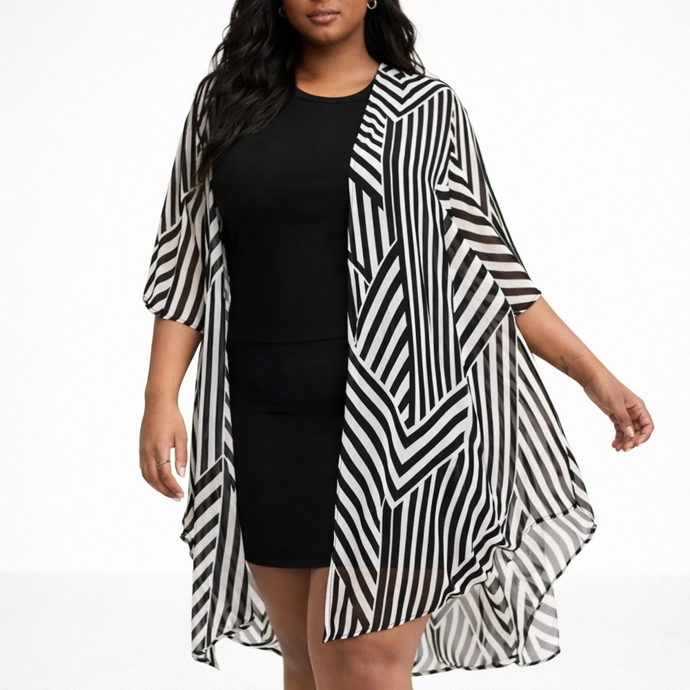 TORRID Size 00 Textured Chiffon Gauze Kimono Open Front Stripe Shirttail Hem